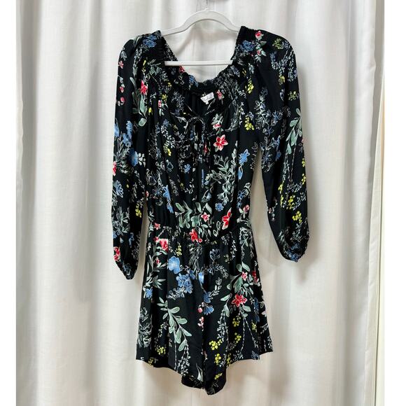 Parker Cloud Woodland Silk Off-the-Shoulder Long Sleeve Romper Black Women's XS - Picture 2 of 7